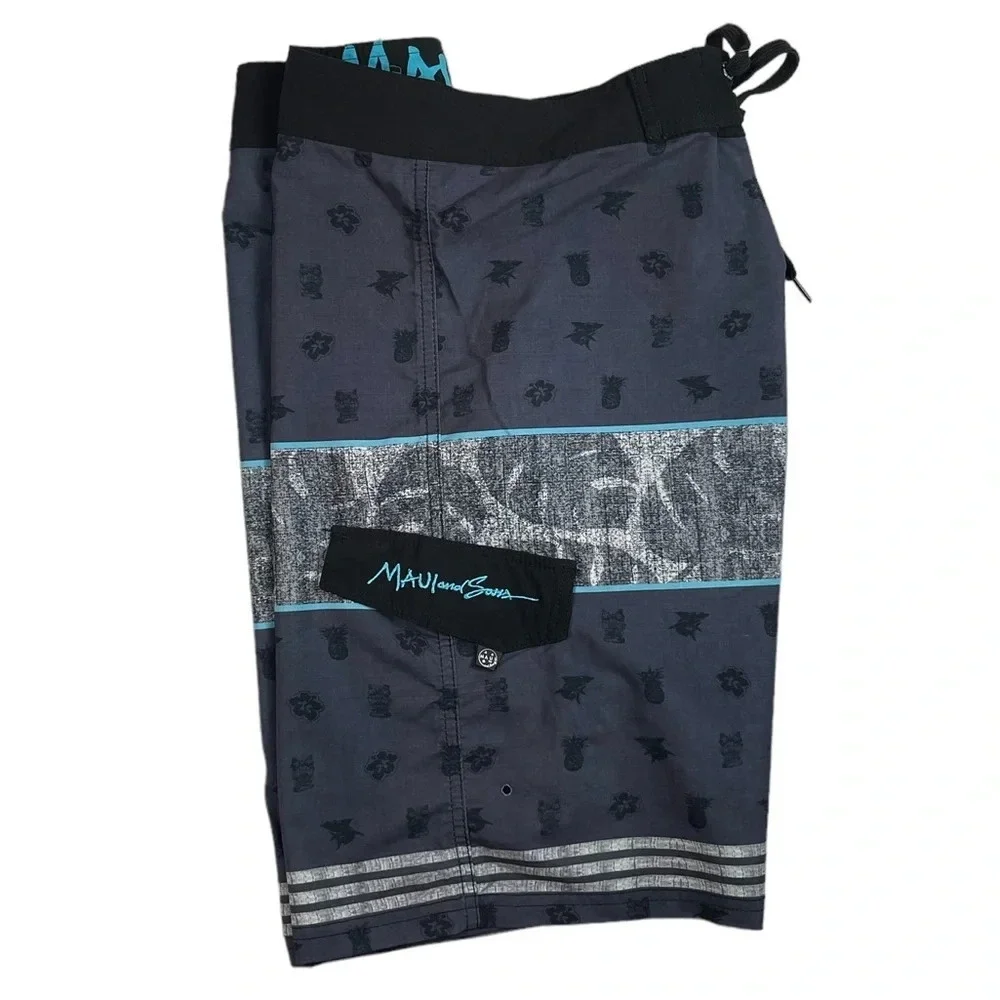 SH661 Mens Maui & Sons Black Shark 4 Way Stretch Beach Board Shorts 34
